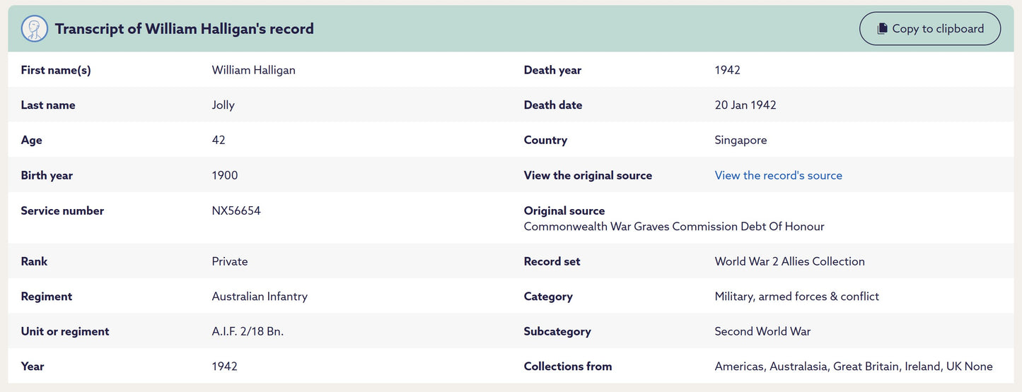 WW2 Australia Service Medal KIA Malaya/Singapore 1942 Pte. 2/18th Bn. From India