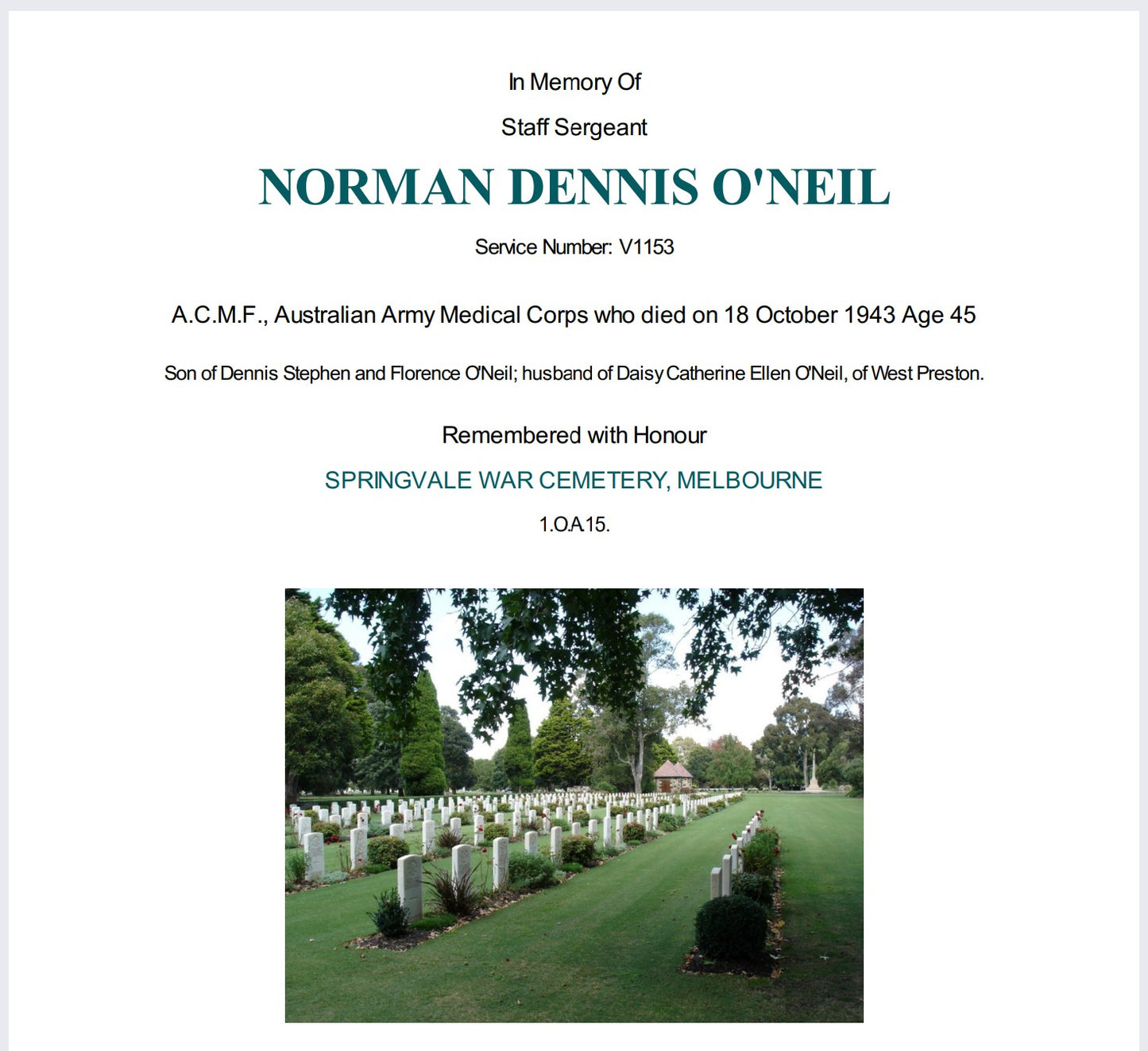 WW2 Australia Service Medal 1939–45 Died 1943 Army Medical Corps WW1 WIA 1917