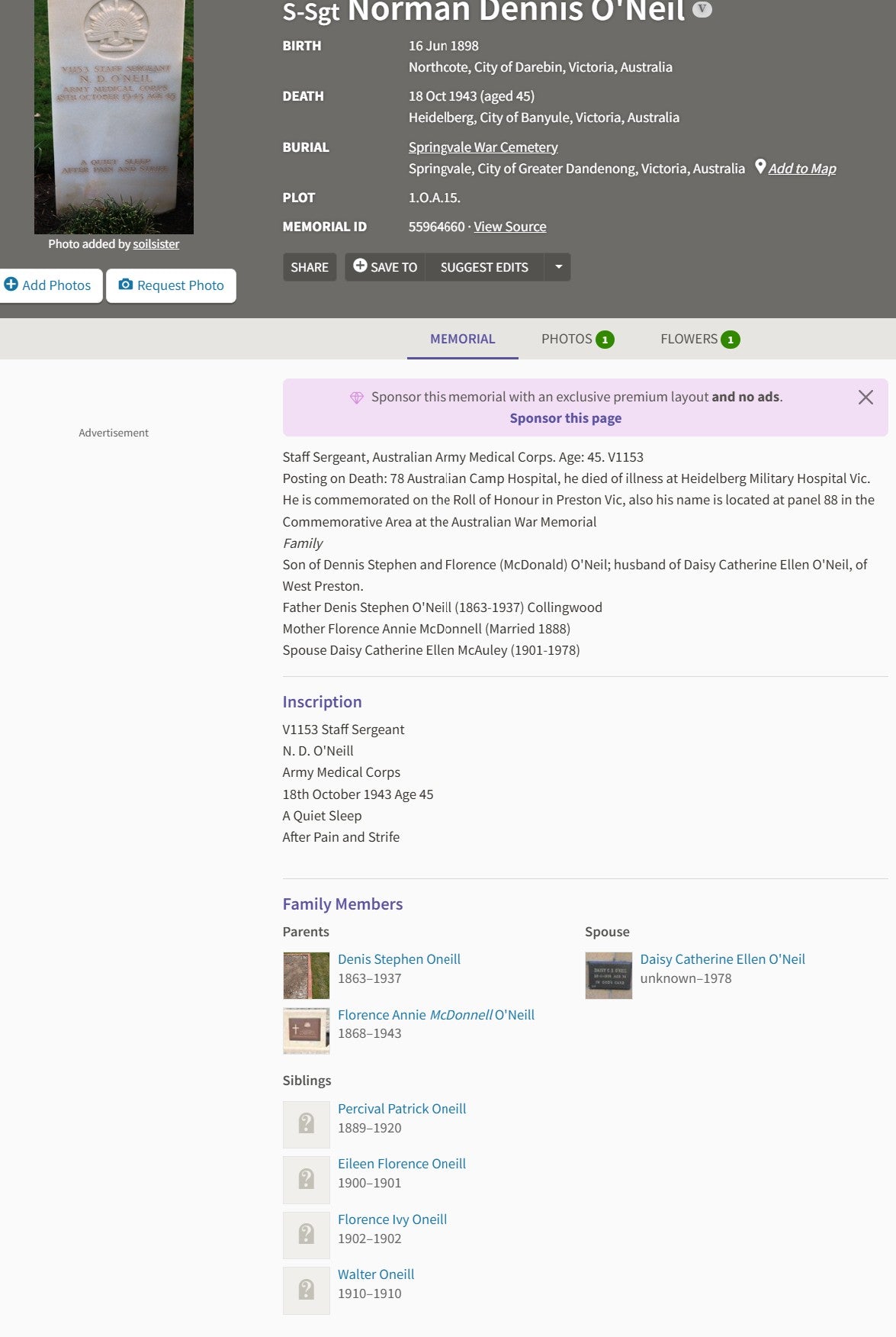 WW2 Australia Service Medal 1939–45 Died 1943 Army Medical Corps WW1 WIA 1917