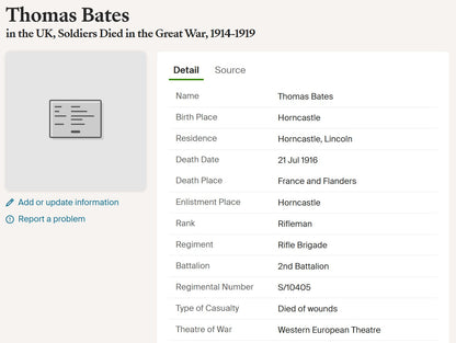 Rifle Brigade KIA 1916 WW1 British Medal Trio Bates from Horncastle Lincolnshire