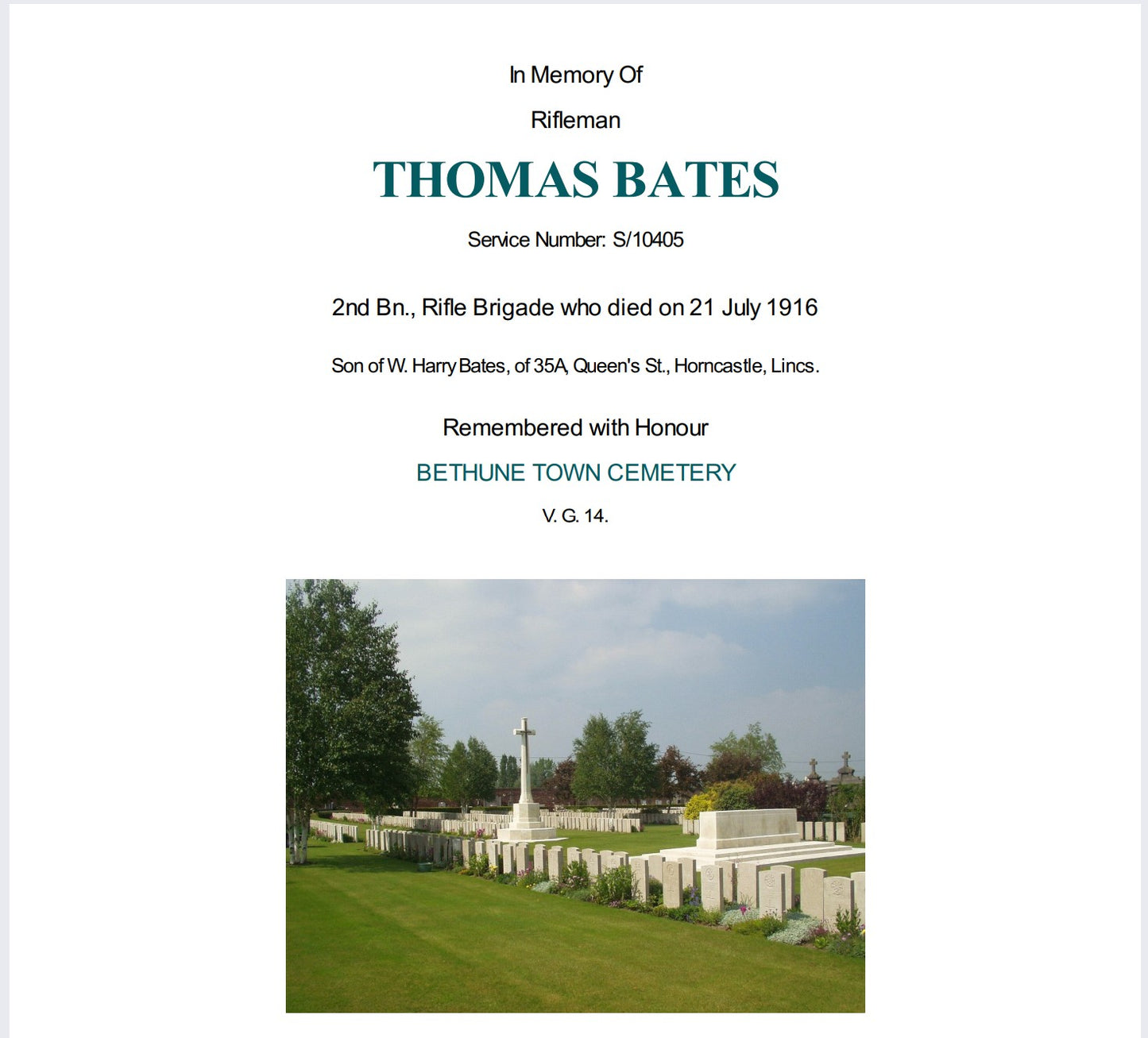 Rifle Brigade KIA 1916 WW1 British Medal Trio Bates from Horncastle Lincolnshire
