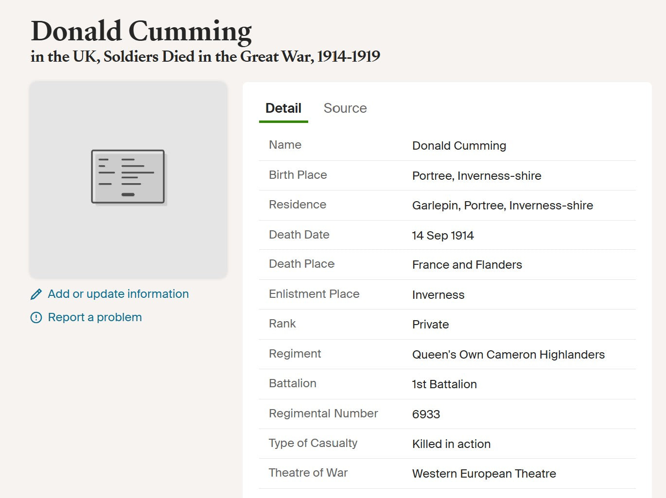 Cameron Highlanders KIA 1914 Mons Star Medal Pte Cumming Isle of Skye