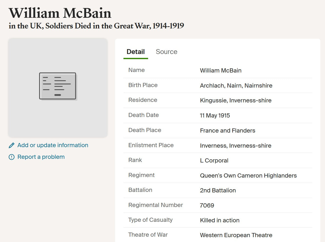 Cameron Highlanders KIA Second Ypres 1915 WW1 Victory Medal from Ardclach Nairn