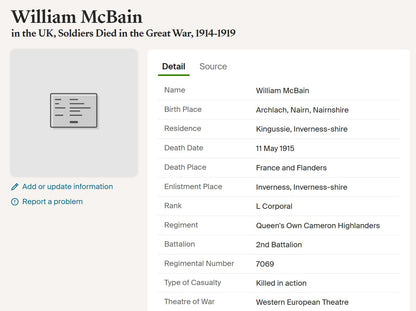 Cameron Highlanders KIA Second Ypres 1915 WW1 Victory Medal from Ardclach Nairn