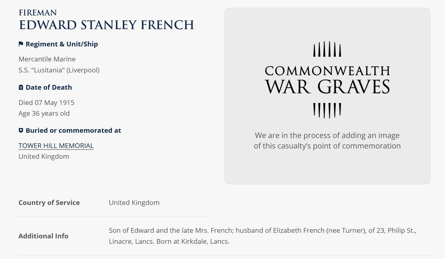 Lusitania Casualty Died 7th May 1915 WW1 Mercantile Marine Medal Fireman French from Liverpool