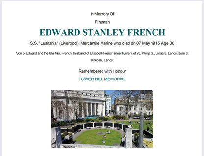 Lusitania Casualty Died 7th May 1915 WW1 Mercantile Marine Medal Fireman French from Liverpool