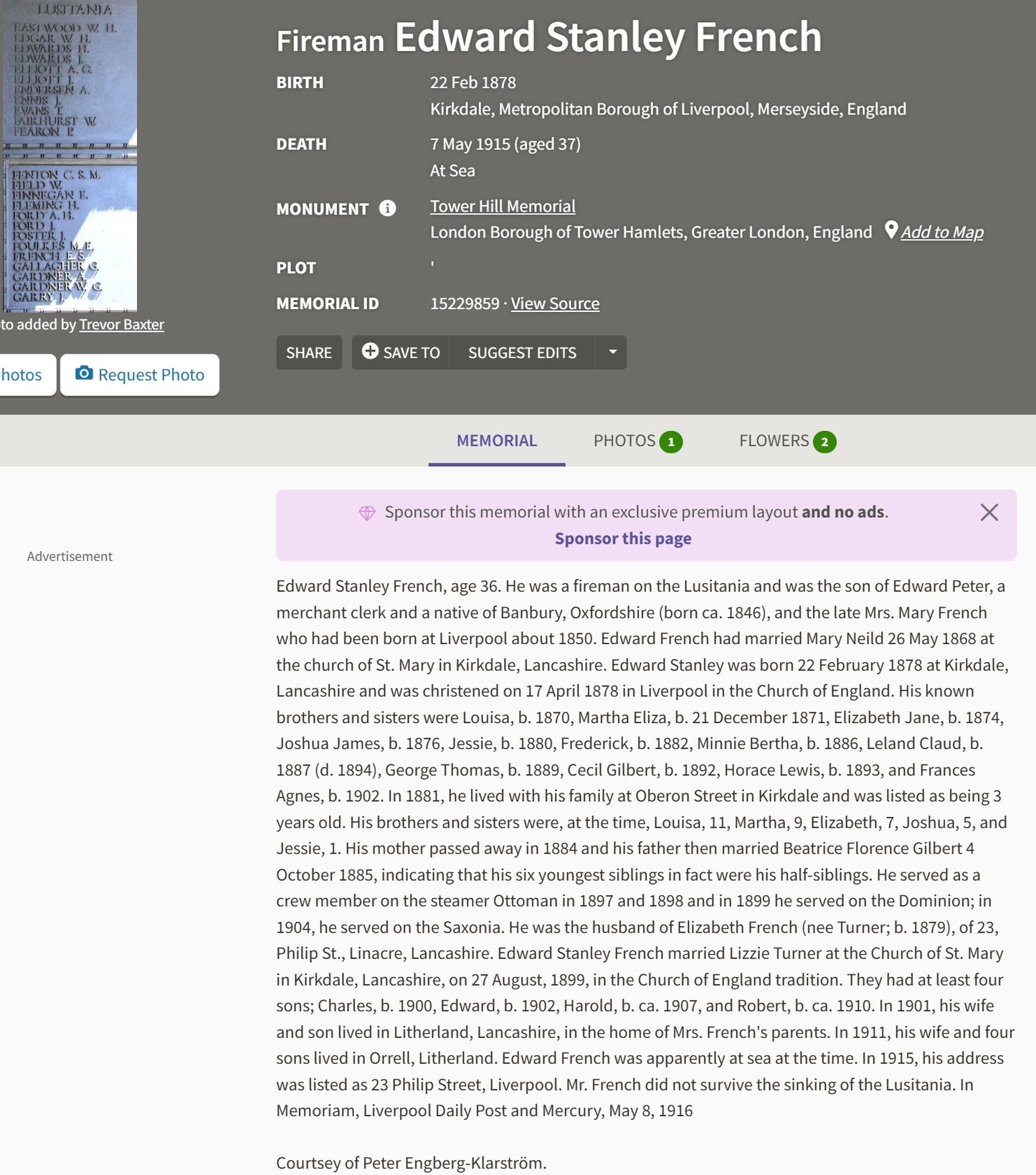 Lusitania Casualty Died 7th May 1915 WW1 Mercantile Marine Medal Fireman French from Liverpool