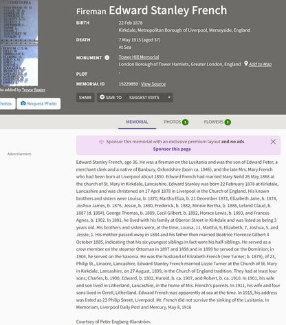 Lusitania Casualty Died 7th May 1915 WW1 Mercantile Marine Medal Fireman French from Liverpool
