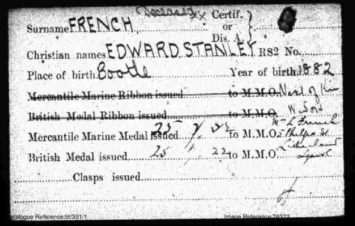 Lusitania Casualty Died 7th May 1915 WW1 Mercantile Marine Medal Fireman French from Liverpool