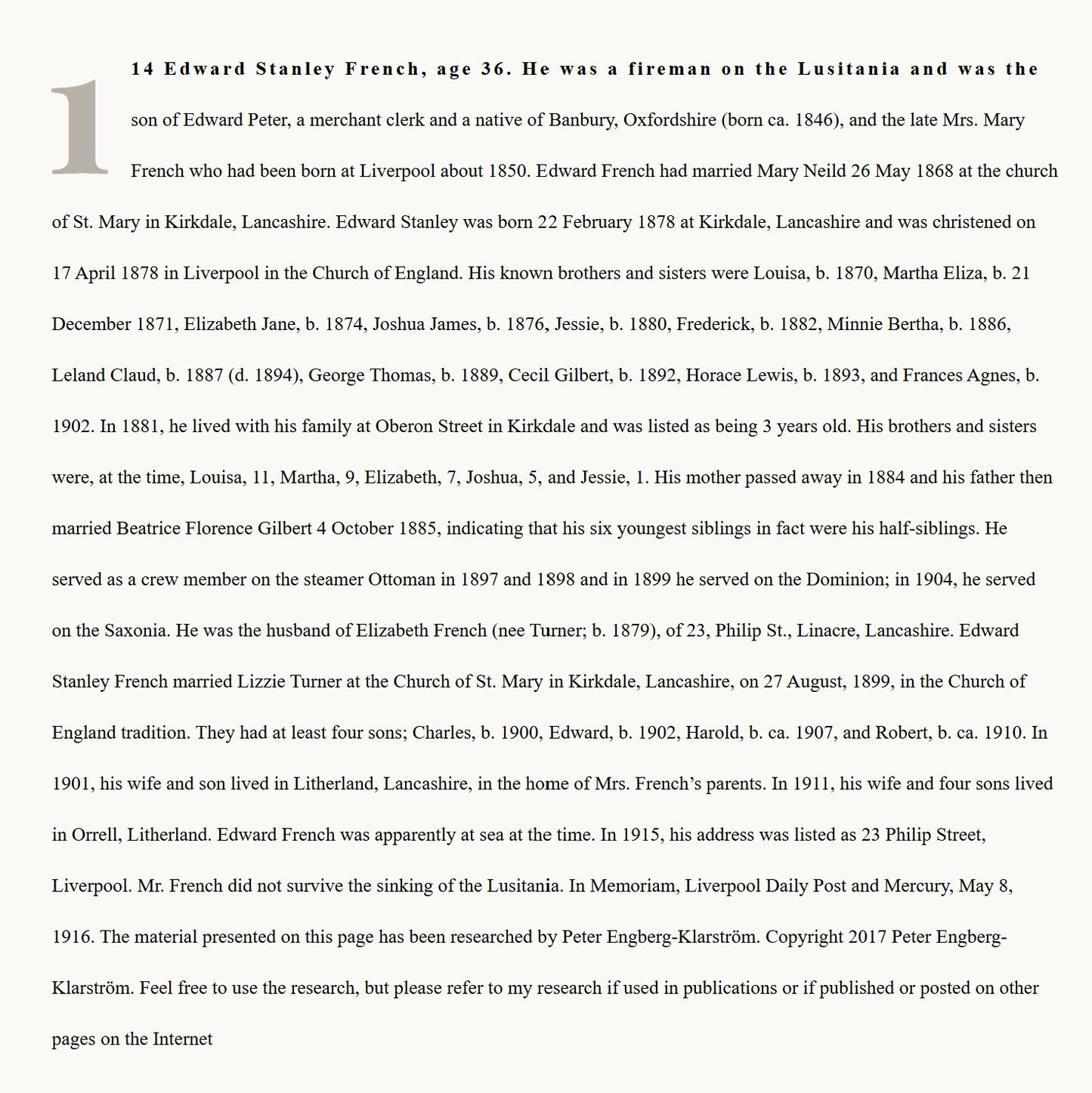Lusitania Casualty Died 7th May 1915 WW1 Mercantile Marine Medal Fireman French from Liverpool