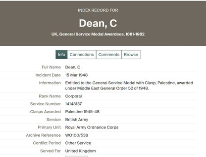 British General Service Medal Palestine 1945–48 Clasp, Cpl. Dean, Royal Army Ordnance Corps