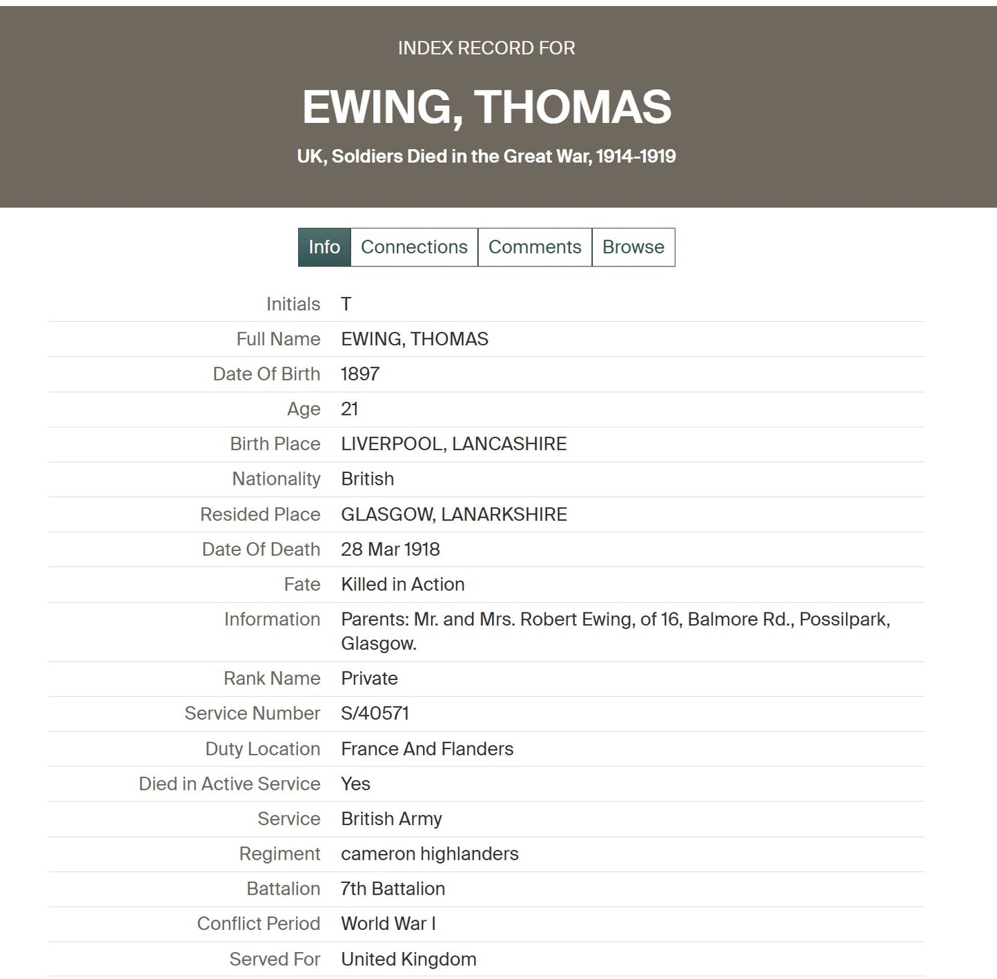 7th Cameron Highlanders KIA March 1918 WW1 Victory Medal from Glasgow