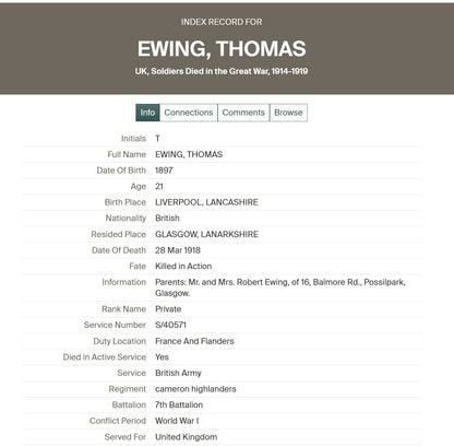 7th Cameron Highlanders KIA March 1918 WW1 Victory Medal from Glasgow