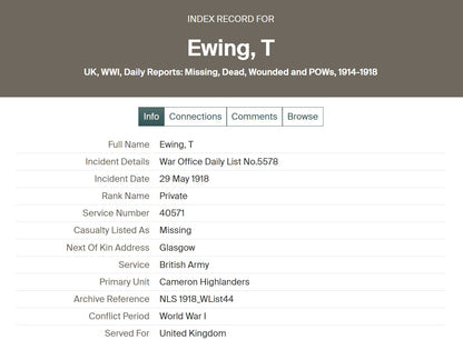 7th Cameron Highlanders KIA March 1918 WW1 Victory Medal from Glasgow