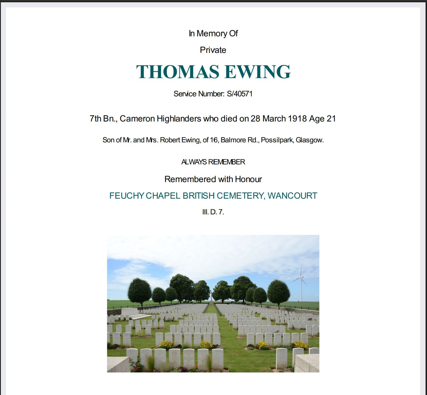 7th Cameron Highlanders KIA March 1918 WW1 Victory Medal from Glasgow