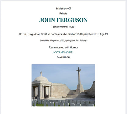 7th King's Own Scottish Borderers KIA Loos 1915 VC Action Victory Medal Paisley