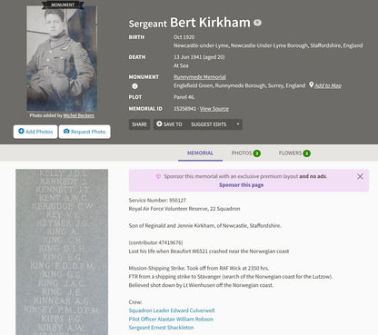 Royal Air Force KIA 1941 Shot Down by BF109 Attacking Lützow Norway WW2 Medals