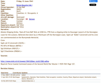 Royal Air Force KIA 1941 Shot Down by BF109 Attacking Lützow Norway WW2 Medals