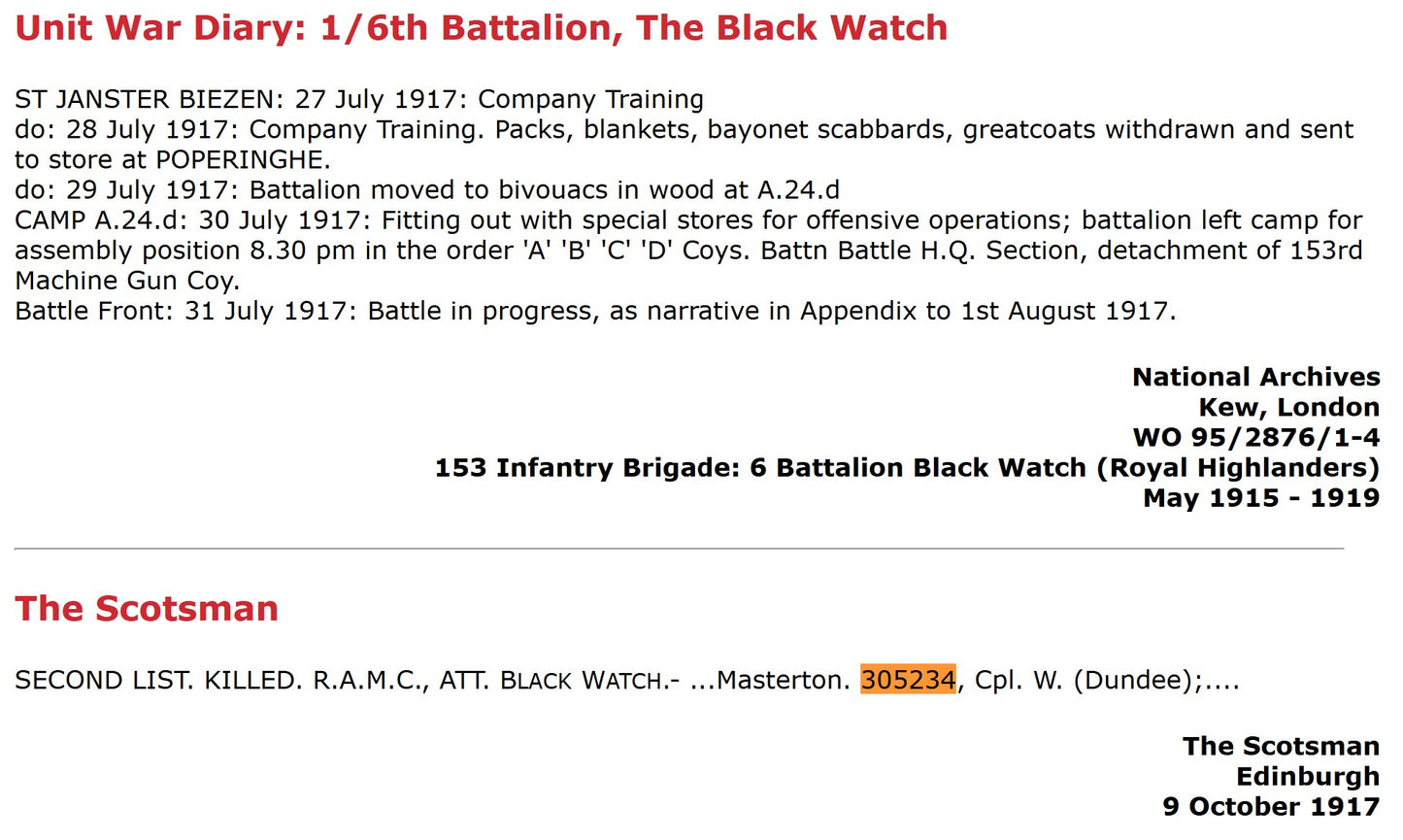 3rd Highland Field Ambulance RAMC attd 6th Black Watch KIA Ypres 1917 WW1 Medals
