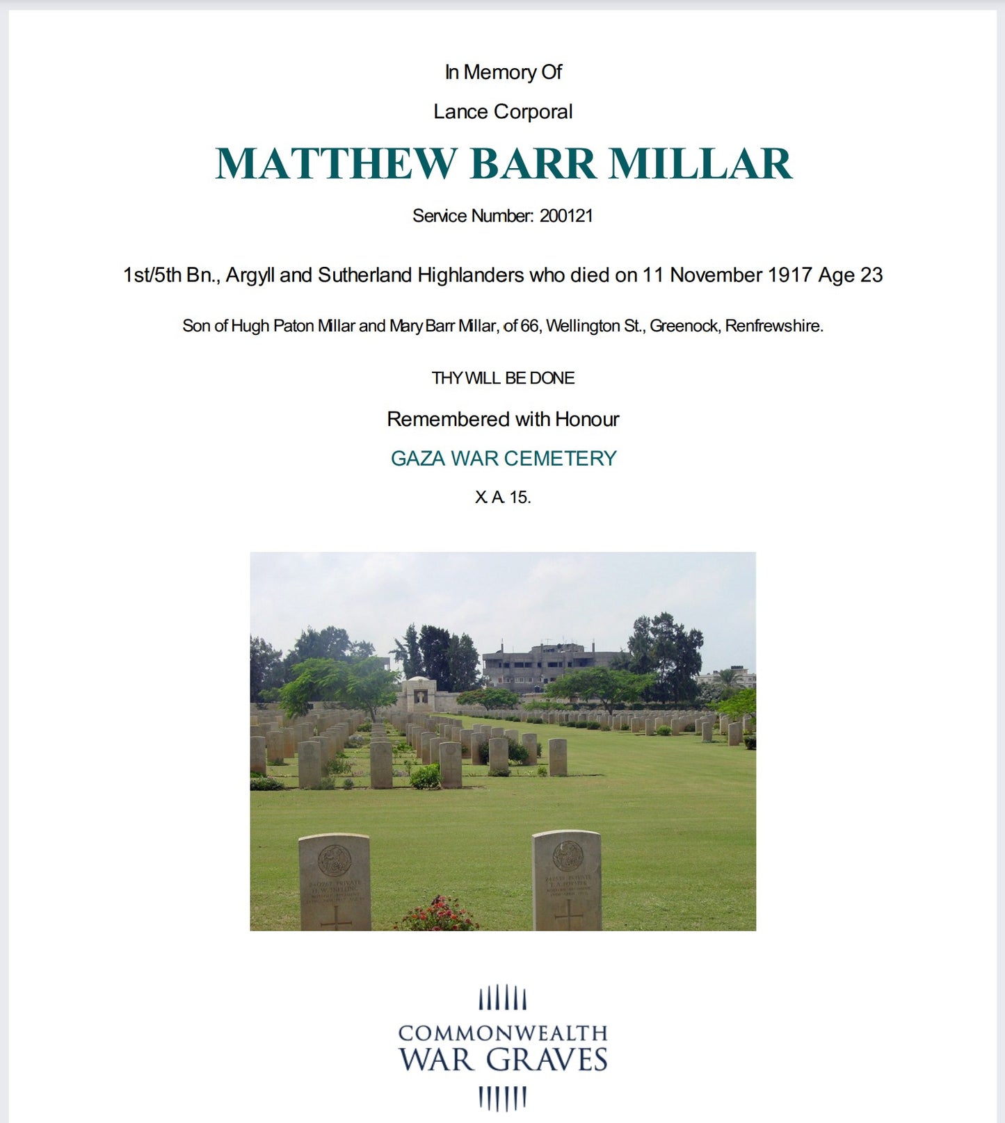 5th Bn. Argyll & Sutherland Highlanders – Killed in Action Palestine 1917 – WW1 Medal Trio & ID Bracelet – From Greenock