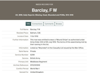 Middlesex Regiment - Wounded in Action Somme 1916 - Balham London - WW1 Medals Shooting Medal France