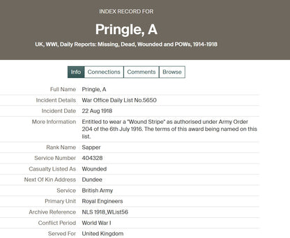 Royal Engineers - Wounded in Action 1918 - WW1 British Medal Pair - From Dundee