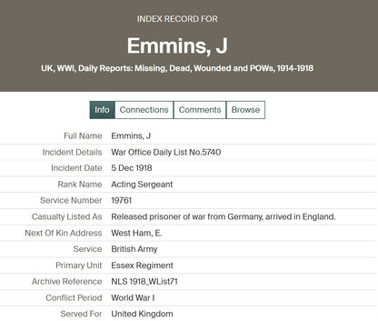 2nd Essex Regiment - Sergeant POW March 1918 WIA 1917 - London - WW1 Victory Medal