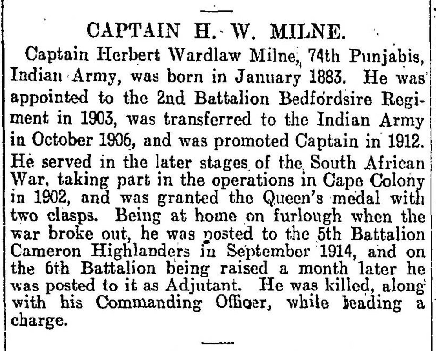 6th Cameron Highlanders KIA Loos 1915 VC Action Captain & Ad QSA Medal Sligo RGA