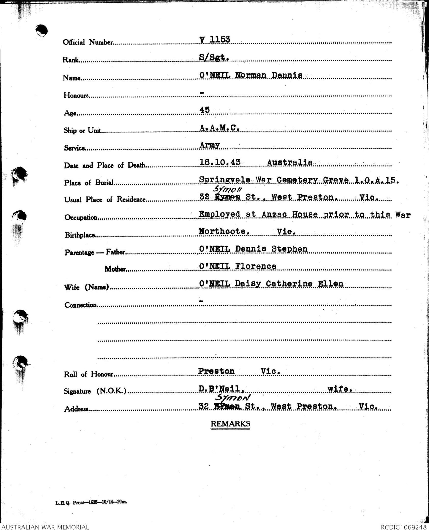 WW2 Australia Service Medal 1939–45 Died 1943 Army Medical Corps WW1 WIA 1917