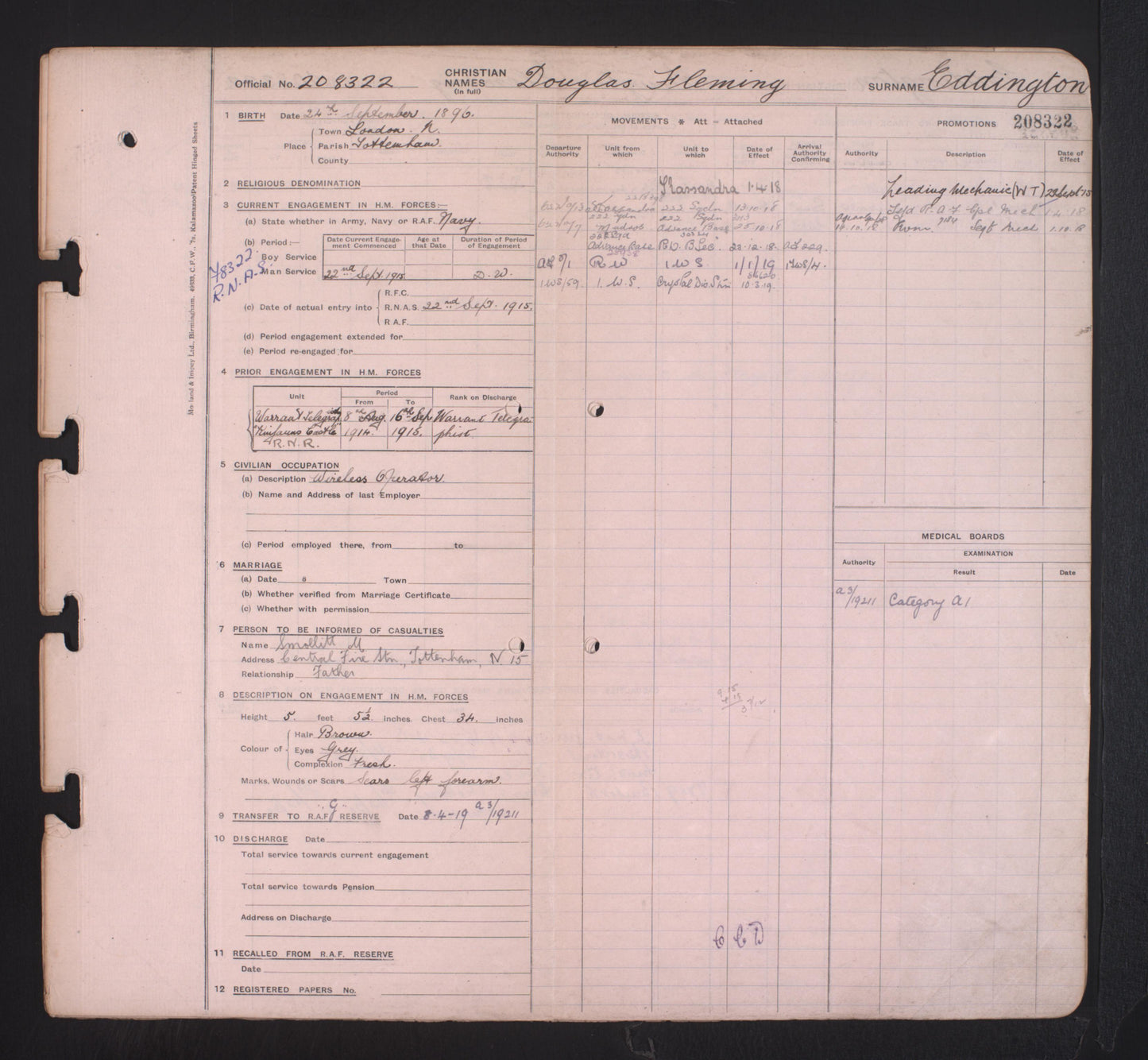 222 Sqn. Royal Air Force RAF & Royal Naval Air Service RNAS - Mediterranean Air Wing - WW1 Victory Medal -  From Tottenham, London
