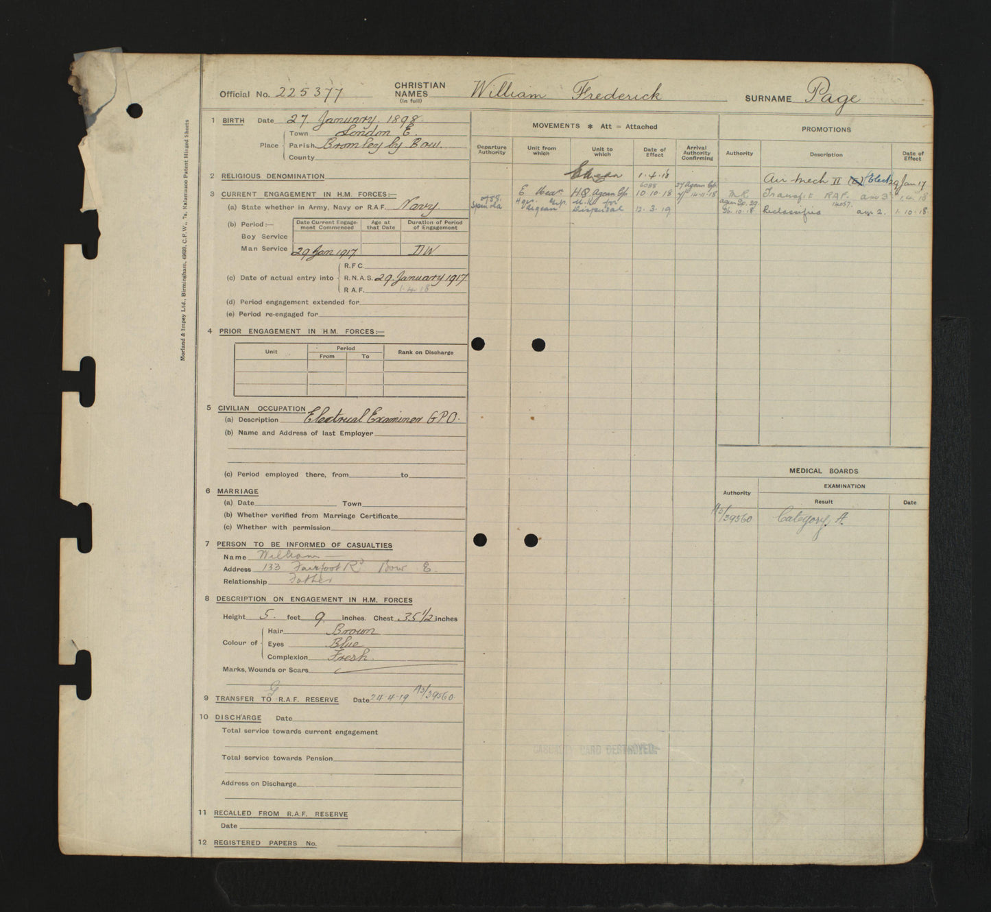 Royal Air Force WW1 British War Medal Late Royal Naval Air Service RAF RNAS London