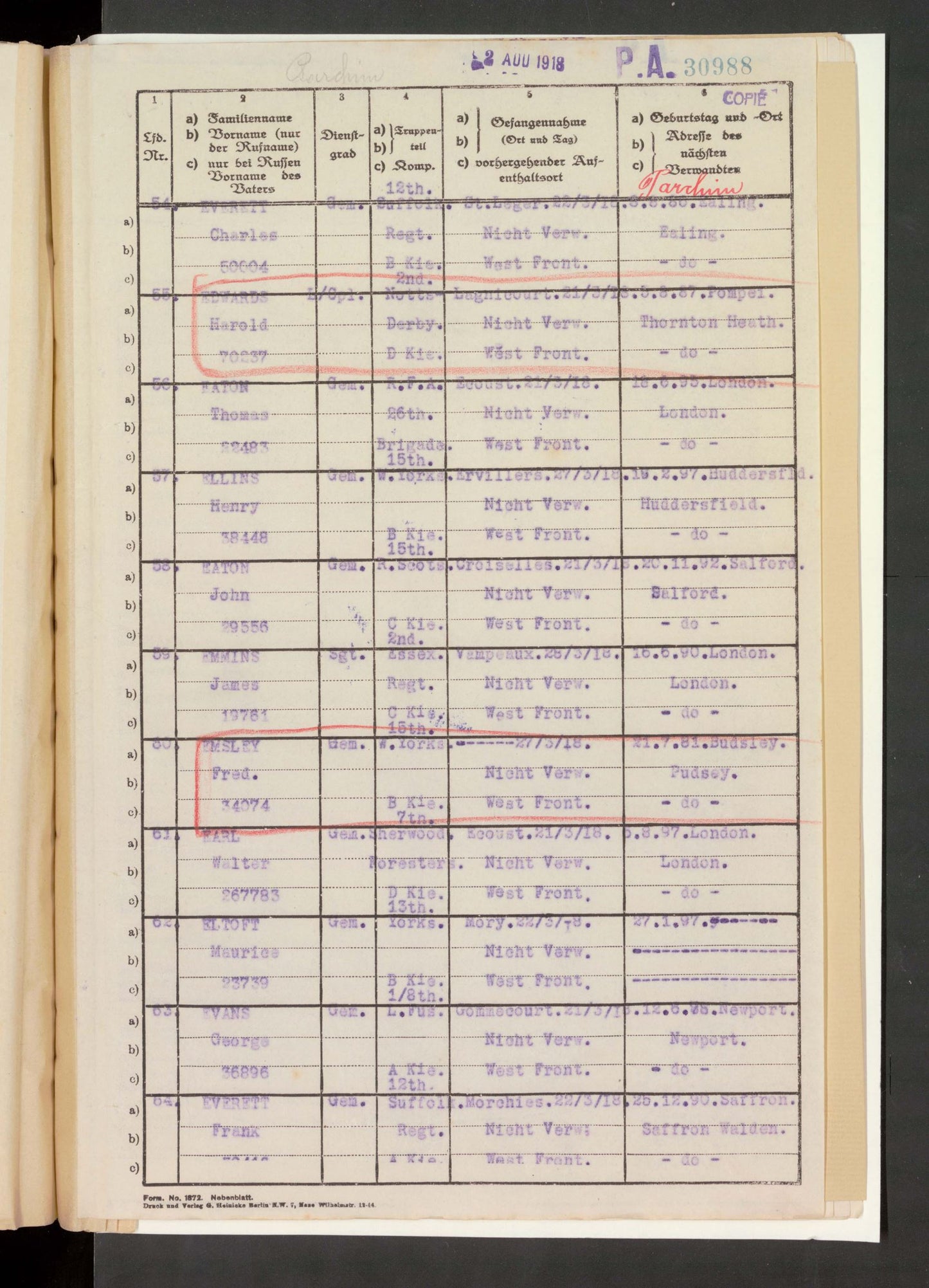 2nd Essex Regiment - Sergeant POW March 1918 WIA 1917 - London - WW1 Victory Medal