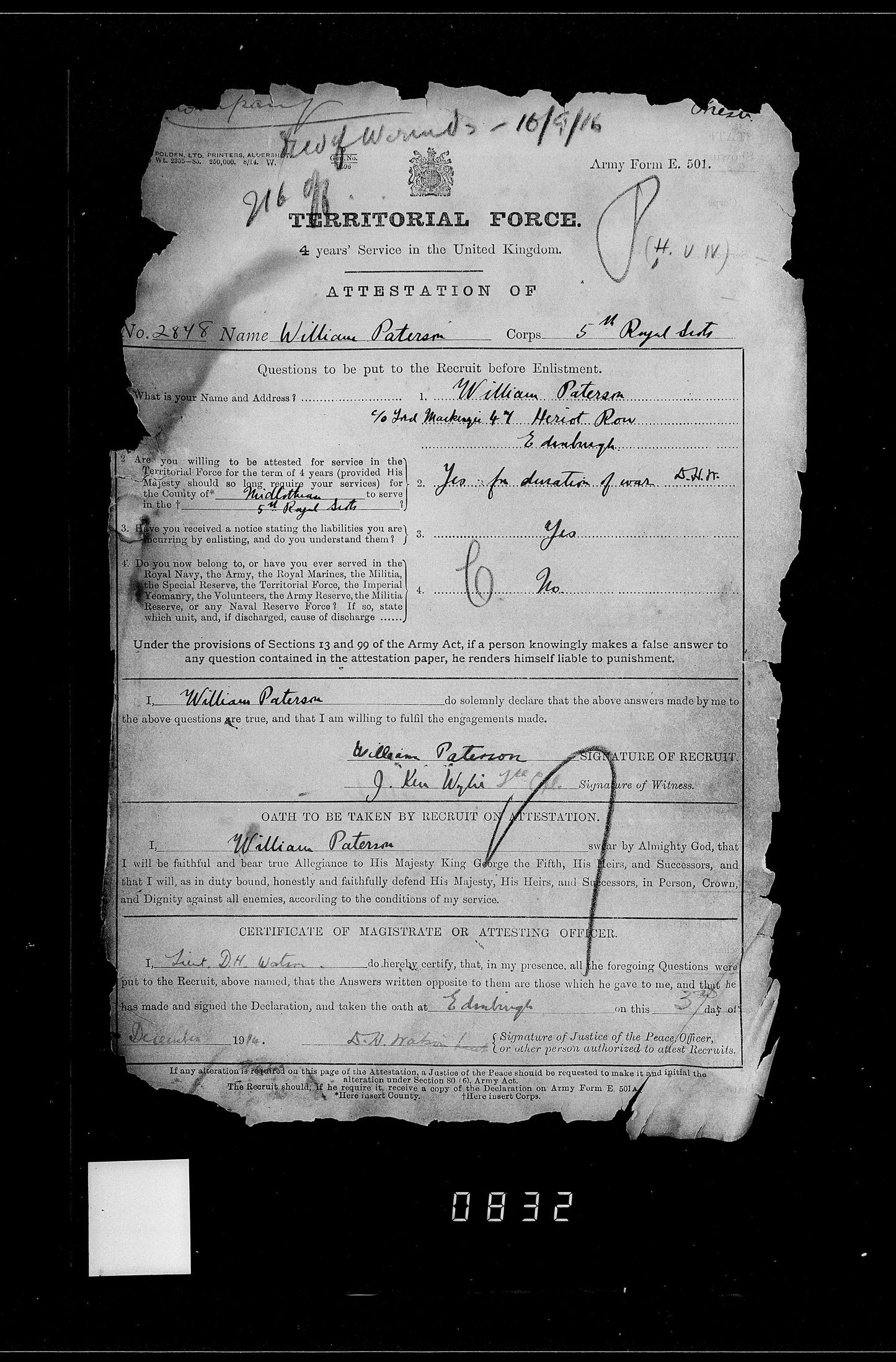 5th Bn. Royal Scots – Died of Wounds in Bombing Trench Raid 1916 – WW1 Medal Pair – From Bourtie, Inverurie