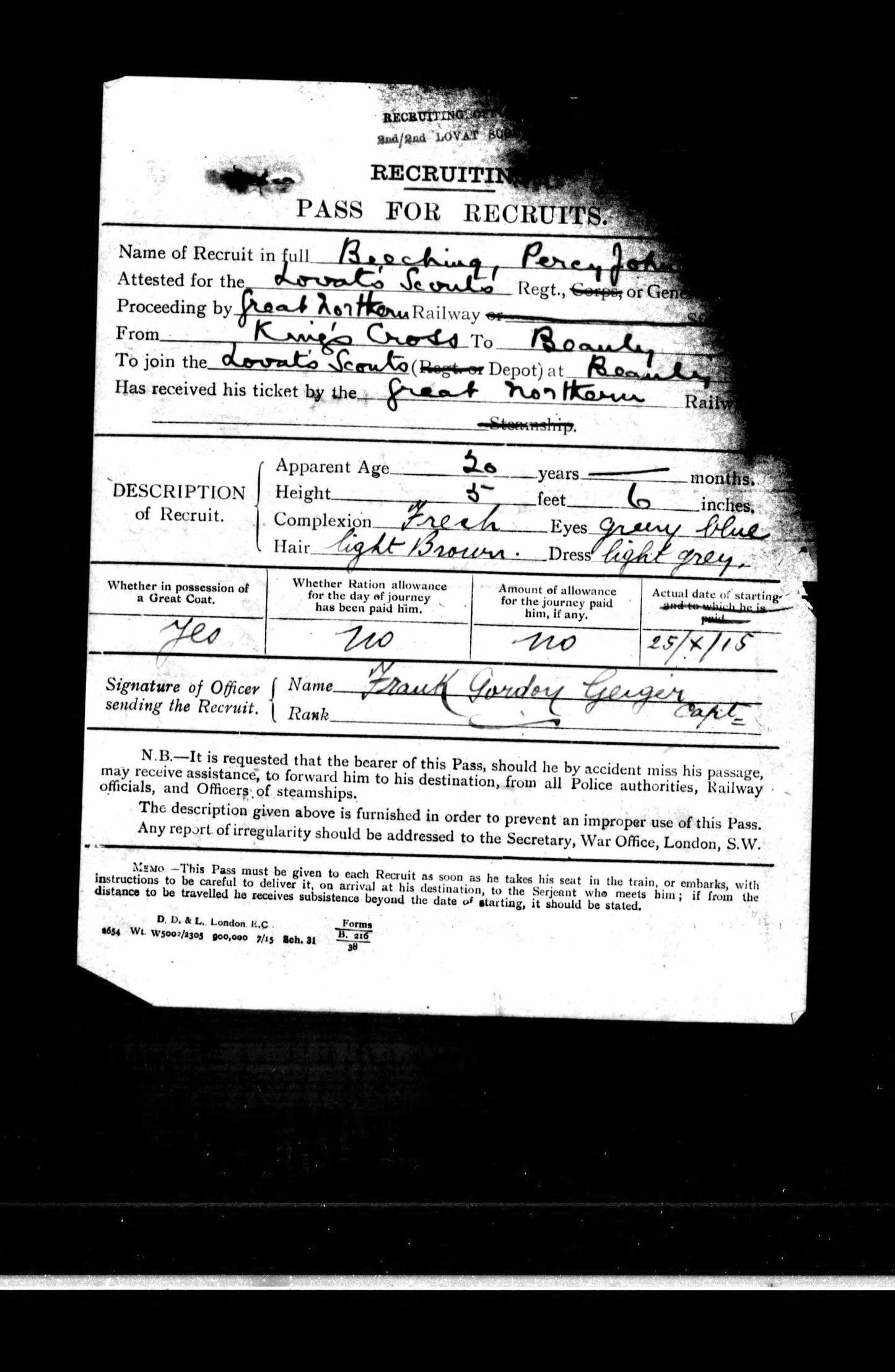 Cameron Highlanders WW1 British Victory Medal Lovat Scouts Pte. Beeching From London