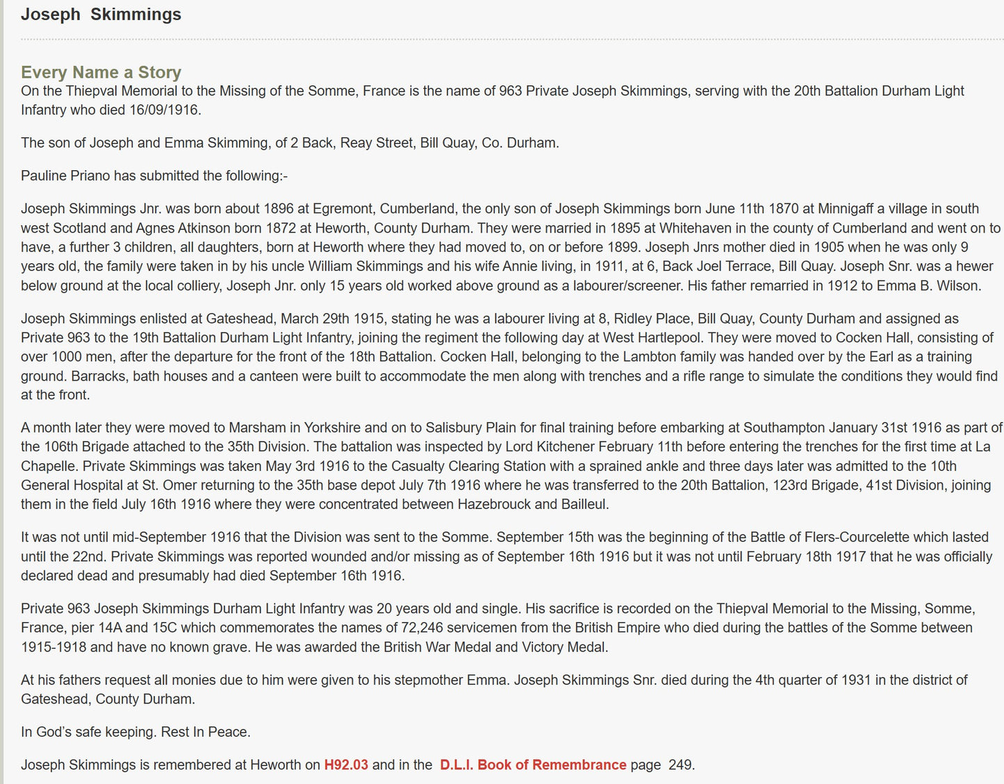 19th Bantams 20th Wearside Durham Light Infantry - Killed in Action Somme 1916 - Memorial Plaque